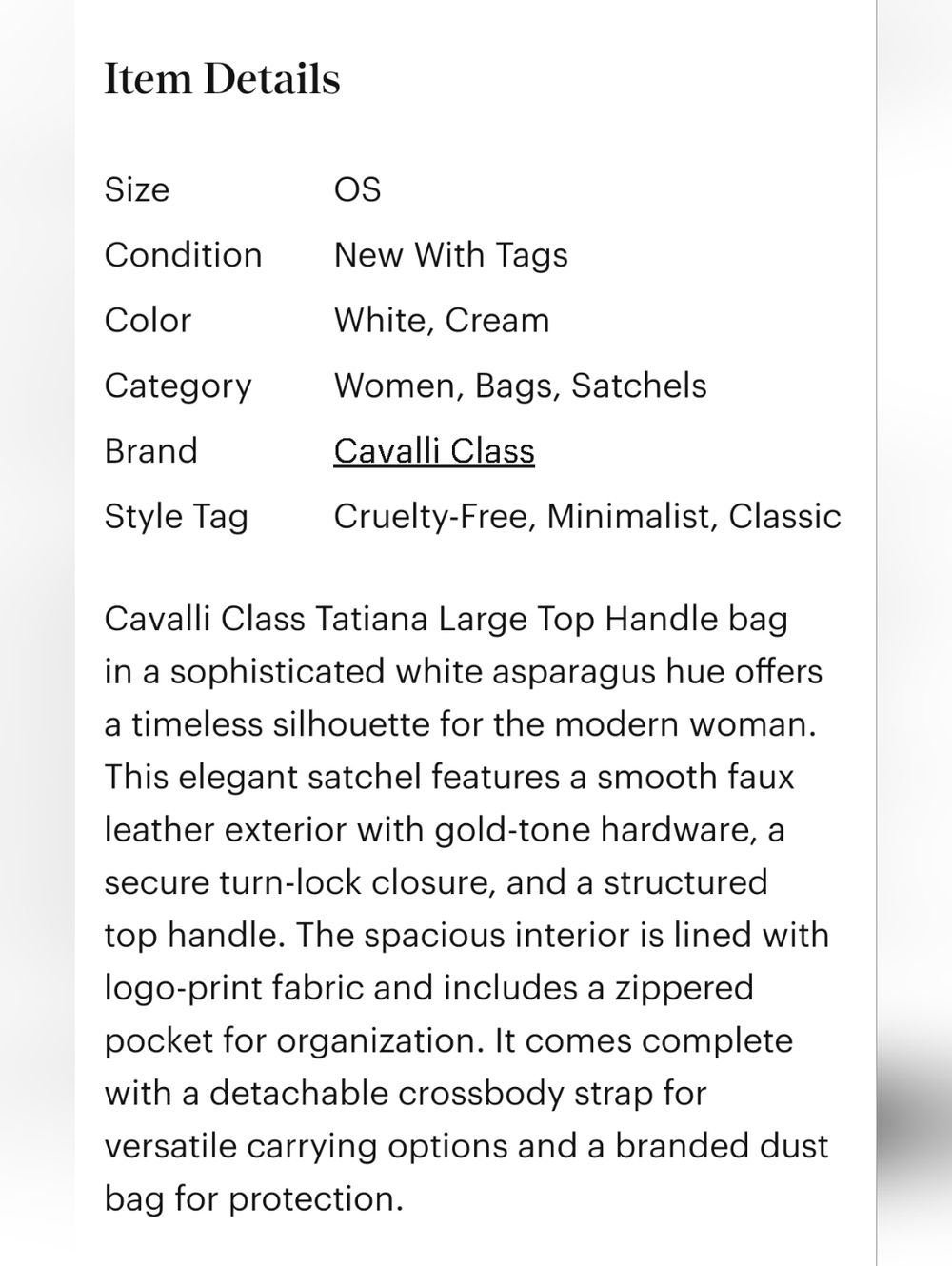 Cavalli Class Elegant Cream Satchel - Picture 6 of 14